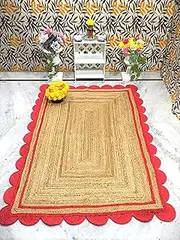 [Aizza Trends] Indian Handmade Braided Jute with Red Scalloped Design Area Rug-Floor Carpet Rug-Bed Side Runner Rug-Doormat Rug - 8 x 11 Feet (240 cm x 330 cm)