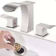 Brushed Nickel Waterfall Bathroom Faucet, 3 Hole, Widespread, Stainless Steel