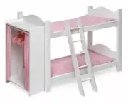New Wooden Play Doll Bunk Bed with Armoire #BBT1856 White/Pink Gingham