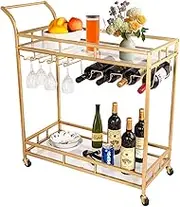 Bar Cart, Serving Cart for Home, Microwave Stand, Drink Trolley, Mobile Kitchen Shelf With Wine Rack and Glass Holder, Rolling Beverage Station for Kitchen, Dining Room, and Parties