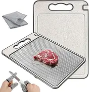 VERINOR Stainless Steel Chopping Board - Double Sided Wheat Straw and Titanium Cutting Board with Juice Groove, Easy Grip Handle - Durable, Non-Slip - Meat, Vegetables, Fruit Titanium Chopping Board