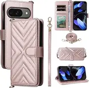 Compatible with Google Pixel 8A Cover,Flip Kickstand Double Card Slot Wallet Case Pink