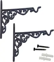 YMAISS 2 Packs Cast Iron Plant Hangers Outdoor Hooks,Hanging Plant Bracket Heavy Duty,Garden Planter Hooks Decorations Wall Mount for Flower Basket,Lantern/Bird Feeder Rustic Black