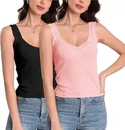 [H HIAMIGOS] Camisole V and Scoop Neck Tank Top Lace Trim Ribbed Undershirt for Women Cute Cami