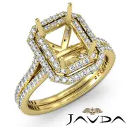 Pave Set Diamond Engagement Emerald Shape Semi Mount Ring 18k Yellow Gold 1.6Ctw