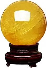 Yellow Crystal Ball with Redwood Lion Resin Stand and Gift Box for Decorative Ball, Photography, Gazing Divination or Feng Shui, and Fortune Telling Ball,5.51in