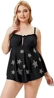 [Wellwits] Women's Plus Size Stars Beaded Swing Top Tankini Swimsuit