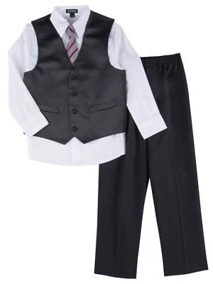 Boys 4 Piece Suit Black Pin Stripe Dress Up Outfit Holiday Shirt Pants Vest Tie
