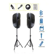 Dual 12" PA 2000W Powered Active Speakers USB FM Speaker Stands Wired Microphone