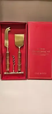 Talbots 3-Pc Cheese Knives & Corkscrew Wintertaining Set New Gold & Bamboo Style