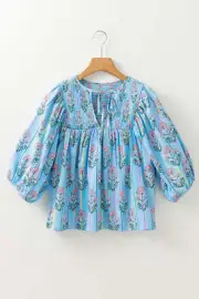 I AM A FASHION JUNKY Sky Blue Floral Striped Print Tie Shirred Splie Neck Blouse
