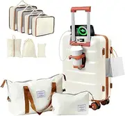 [YANQIAO] 20” Luggage, Airline Certified Luggage, Carry-on Luggage with Cup Holder and USB Port, Suitable for Business, Traveling, White, 10 Piece Set, Traveling
