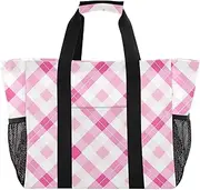 [sanluoli] Bags And Totes Collapsable Beach Bag Tote Waterproof Canvas Carry Tote, Magenta Checkered Rhombus Plaid, 1 size