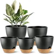 SE SUN-E Self Watering Plants Pot with Drainage Hole, Flower Plants Pots for Indoor & Outdoor, Black Plastic Self Watering Planters Succulent Pot 5pcs/Set
