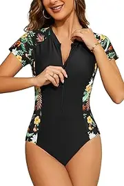 [SHEKINI] Women's One Piece Rash Guard Short Sleeve 1/4 Zip up Swimsuit Quick Dry Bathing Suit Build in Bra Swimming Costume S-XXL