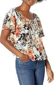 [Star Vixen] Women's Petite Short/Slit Sleeve Keyhole-Tie Peasant Top Bubble Hem
