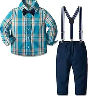 [Yilaku] Toddler Boy Clothes Set Long Sleeve Shirts+Bow Tie+Suspender Pants 2pcs Outfit Suit Set 12Month-7 Years