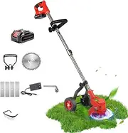 Electric Cordless Weed Wacker, 3-in-1 Weed Eater Brush Cutter, Lightweight Push Lawn Mower Edger Tool with 3 Types Blades and 2pcs 2ah Rechargeable Battery Powered for Garden Yard