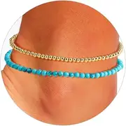 [sloong] Boho Gold Anklet Bracelets for Women, Waterproof Beach Layered Pearl Beaded Turquoise Anklets Set Handmade Jewelry Gift