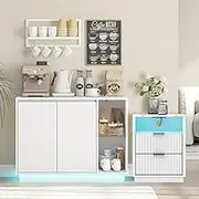Merryluk Modern White Sideboard and Side Table Set,LED Lighting, 100 cm Buffet with Marble Effect Table, USB Charging Ports,Dining Room Sets