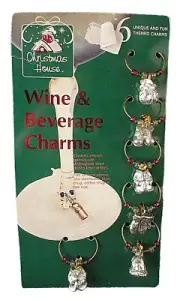 Glass Beverage Wine Charms Set 6 Winter Silver Gold Multi Metal Christmas Theme