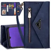 Samsung Galaxy A22 4G Phone Case Wallet N.Bekus Leather Flip Zipper Pocket Magnetic Purse With Strap & Card Holder for Girls Women (Navy Blue)