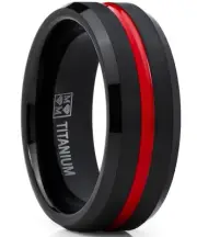Titanium Ring Wedding Band, Black and Red Plated Brushed Engagement Ring