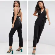 ASOS Wrap Front Jumpsuit Peg Leg Belted Cross Back Black {WW21}
