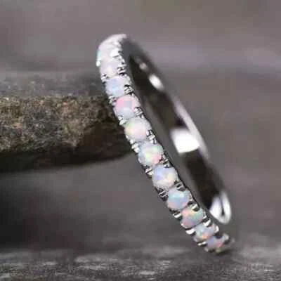 3Ct Round Cut Lab Created Fire Opal Eternity Band Ring In 14K White Gold Plated