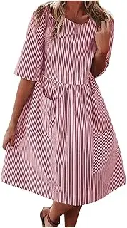 [Generic] Dress for Women Formal Long Women Half Sleeve Casual Striped Loose Knee Length Pocket Elastic Waist Dress Formal Occasion Dress