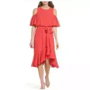 MSRP $128 NWT Eliza J Poppy Cold Shoulder Ruffle Hi-Low Dress