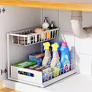 UINOFLE Under Sink Organizer, 2 Tier Sliding Cabinet Basket Drawer Pull Out Cabinet Organizer Multi-Purpose for Bathroom Kitchen (White)