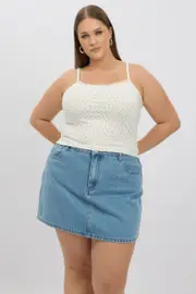 White Ditsy Singlet Top Scoop Neck Lace Trim