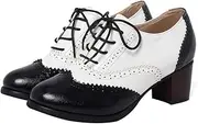 SHEMEE Women's Retro Wingtip Block Heel Lace Up Oxfords Stacked Chunky High Heels Pumps Vintage Round Toe Brogues Dress Shoes