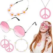 SlowTon 5PCS Hippie Costume Accessories Set - Women 60s70s Retro Hippie Accessories 1970s Peace Sign Necklace Earrings Flower Headband Bohemian Wristband and Colored Sunglasses for Groovy Party Girls