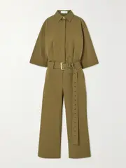 [MICHAEL KORS COLLECTION] MICHAEL KORS COLLECTION - Belted Organic Cotton-blend Poplin Jumpsuit - Army green - large large Green