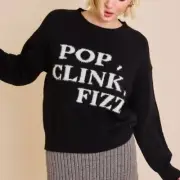 Le Lis Pop Clink Fizz Sweater Black With Gold Letters NEW Medium