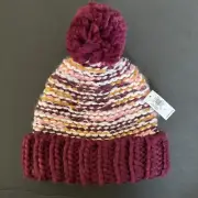 Old Navy Beanie Hat Toboggan Knit Pom Pom Lined Size S Girls Cranberry Pink Crm