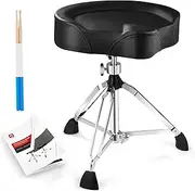 Vangoa Saddle Drum Throne Seat Height Adjustable Padded Drum Seat Stools Chair Motorcycle Style with Double Braced Anti-Slip Feet and 5A Drumsticks for Adults Drummers