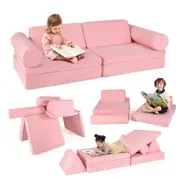 Babyjoy 8PCS Kids Play Couch Foam Building Set w/Removable Suede Cover Convertible Floor Sofa Pink