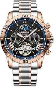[DAXIAOYU] Luxury Automatic Mechanical Watch for Men Hollow Tourbillon Waterproof Luminous Date Week Multifunction Stainless Steel Men's Watches (Rose Gold Blue), Rose Gold Blue, Luxury