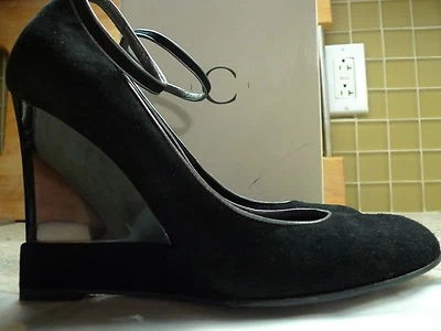CASADEI SEXY BLACK SUEDE ANKLE STRAP WEDGES TRANSPARENT HEEL ITALY SIZE 9