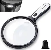 Magnifying Glass with Light, Large Magnifier 5X 15X Handheld Illuminated Lighted Magnifier with 4 LED Lights Storage Bag Clean Cloth for Seniors Reading, Inspection, Exploring