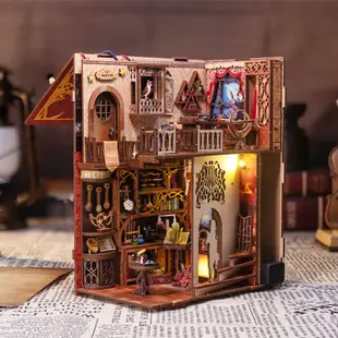 CUTEBEE DIY手工書立書擋 熾焰休憩室袖珍屋 3D立體拼圖娃娃屋木製DIY小屋模型屋益智DIY玩具 魔法學院系列