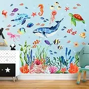 Under The Sea Wall Decals Sea Turtle Whale Dolphin Starfish Wall Stickers 3D Coral Reef Ocean Grass Bubbles Wall Decals Wall Decoration for Wall Corner Nursery Room Children Bedroom Bathroom