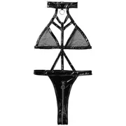 Sex sexy lingerie mesh imitation leather openwork zip one-piece bikini, sex lingerie, black lingerie set, Size -L