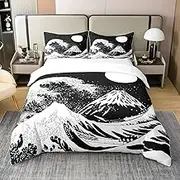 100% Organic Cotton Fuji Mountain Duvet Cover for Boys Girls, Japanese Art Bedding Set, 155 x 220, Ocean Waves Marine Comforter Cover, Japan Ukiyo-E Bed Sets with 1 Pillowcase Bedroom Decor