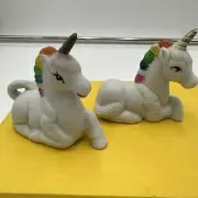 unicorn Ceramic Figurines Color White And Malticolor Mane Unmarked Unsigned Set
