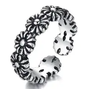 3PCS Silver plating Jewelry Open Ring Retro Simple Black Flower Size Adjustable Ring