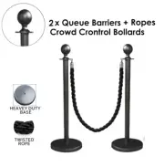 2x Queue Barriers + Ropes Crowd Control Bollards Stands (BLACK WITH Black ROPE)